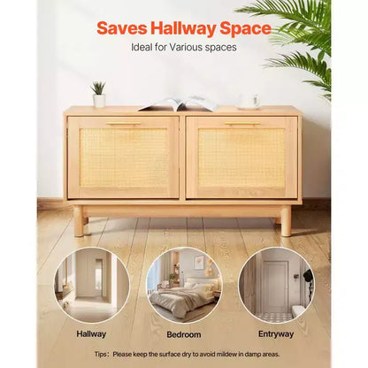 Banc à chaussures d'entrée VEVOR, 100 x 30 x 53 cm, aspect rotin, avec 2 tiroirs basculants, meuble de rangement pour chaussures 136 kg avec 4 compartiments, marron