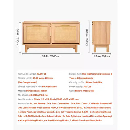 Banc à chaussures d'entrée VEVOR, 100 x 30 x 53 cm, aspect rotin, avec 2 tiroirs basculants, meuble de rangement pour chaussures 136 kg avec 4 compartiments, marron
