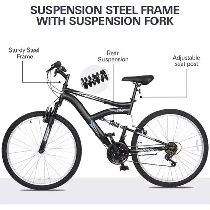 Hykolity 26/27.5-Inch Mountain Bike, Mens Womens, Steel Full Suspension, 18-Speed, Adjustable Saddle, Linear Pull Brakes, Alloy Rims