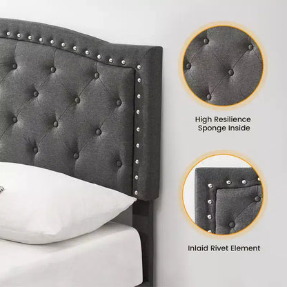 Full Size Upholstered Bed Frame with Adjustable Headboard Button-Tufted Wing Back Headboard