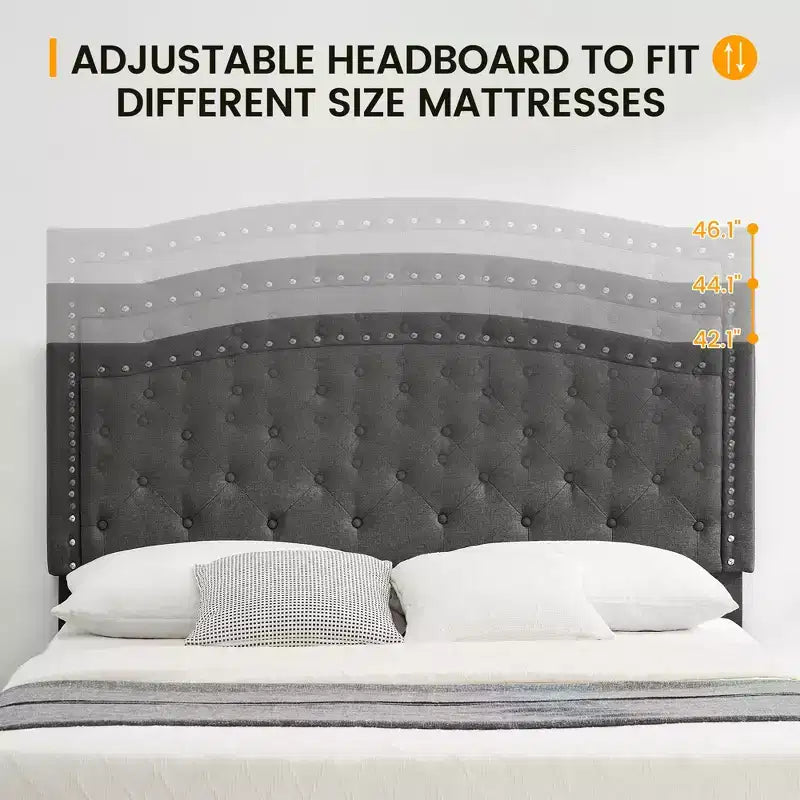 Full Size Upholstered Bed Frame with Adjustable Headboard Button-Tufted Wing Back Headboard