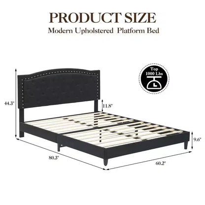Full Size Upholstered Bed Frame with Adjustable Headboard Button-Tufted Wing Back Headboard