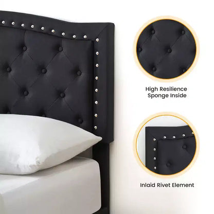 Full Size Upholstered Bed Frame with Adjustable Headboard Button-Tufted Wing Back Headboard