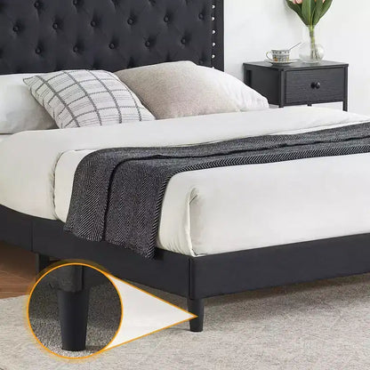 Full Size Upholstered Bed Frame with Adjustable Headboard Button-Tufted Wing Back Headboard