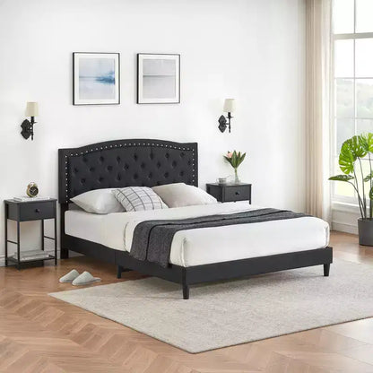 Full Size Upholstered Bed Frame with Adjustable Headboard Button-Tufted Wing Back Headboard
