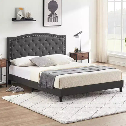 Full Size Upholstered Bed Frame with Adjustable Headboard Button-Tufted Wing Back Headboard