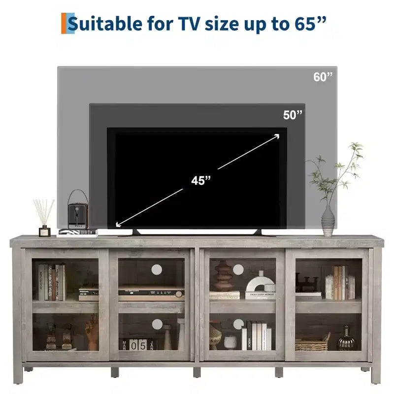 TV Stand for 65 Inch, Style Entertainment Center with Storage Cabinet and 4 Sliding Glass Doors, Modern TV Console Table for Living Room, Bedroom