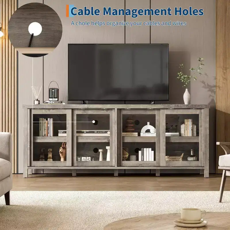 TV Stand for 65 Inch, Style Entertainment Center with Storage Cabinet and 4 Sliding Glass Doors, Modern TV Console Table for Living Room, Bedroom