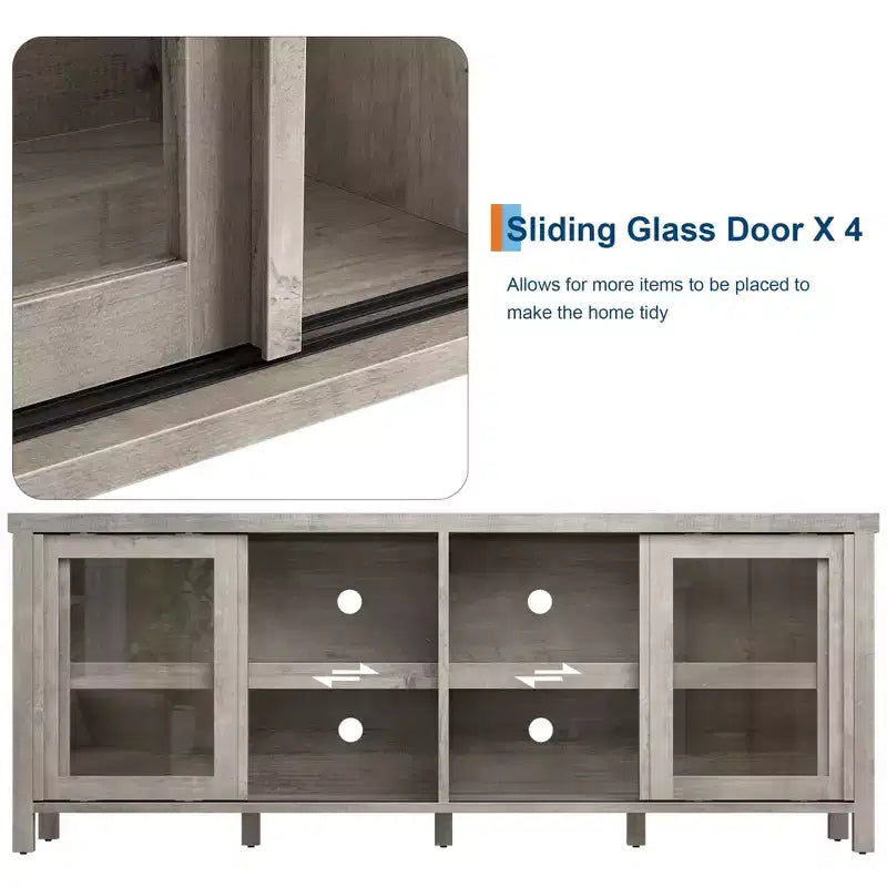 TV Stand for 65 Inch, Style Entertainment Center with Storage Cabinet and 4 Sliding Glass Doors, Modern TV Console Table for Living Room, Bedroom