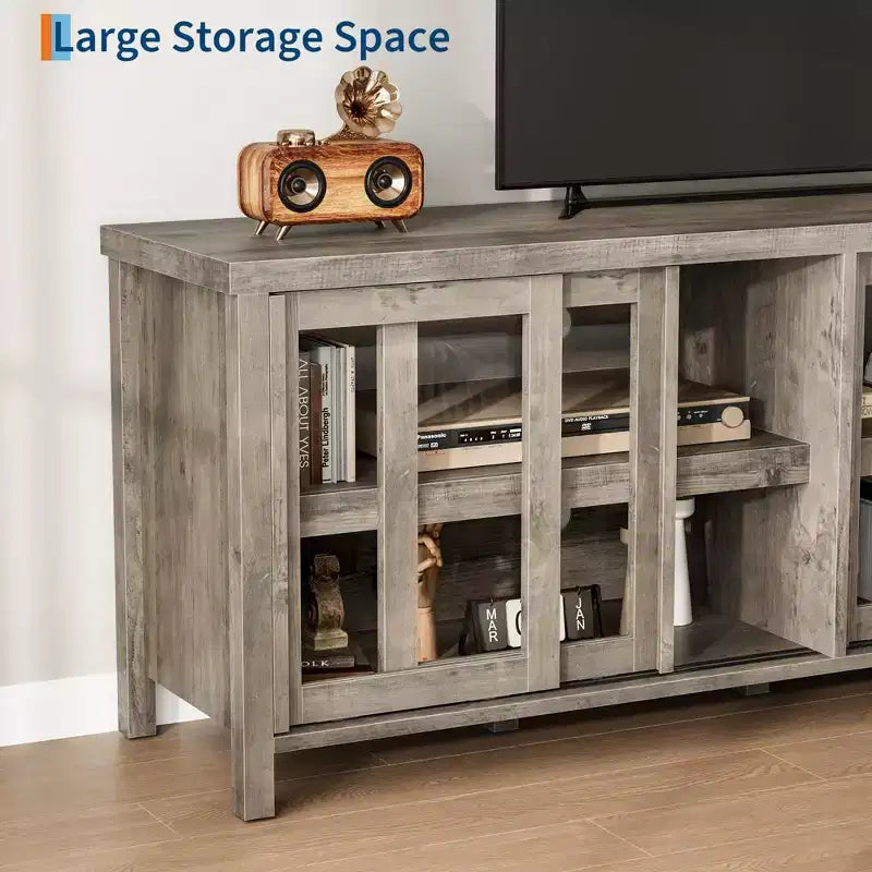 TV Stand for 65 Inch, Style Entertainment Center with Storage Cabinet and 4 Sliding Glass Doors, Modern TV Console Table for Living Room, Bedroom