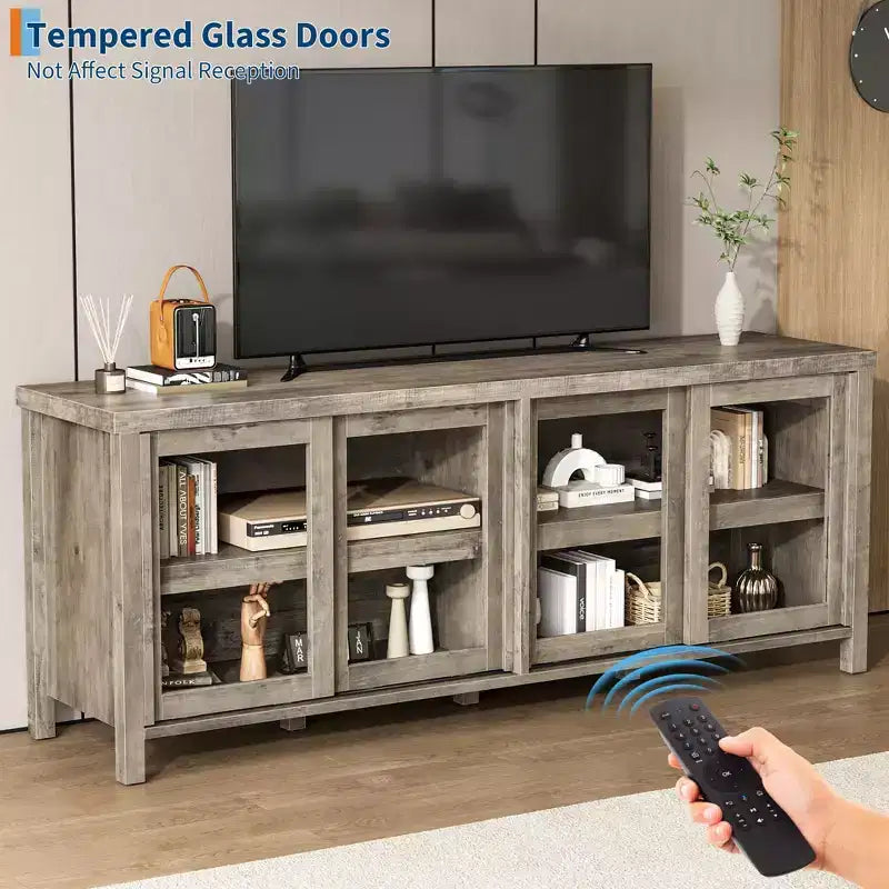 TV Stand for 65 Inch, Style Entertainment Center with Storage Cabinet and 4 Sliding Glass Doors, Modern TV Console Table for Living Room, Bedroom
