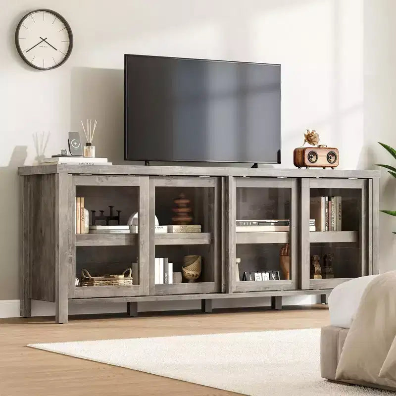 TV Stand for 65 Inch, Style Entertainment Center with Storage Cabinet and 4 Sliding Glass Doors, Modern TV Console Table for Living Room, Bedroom