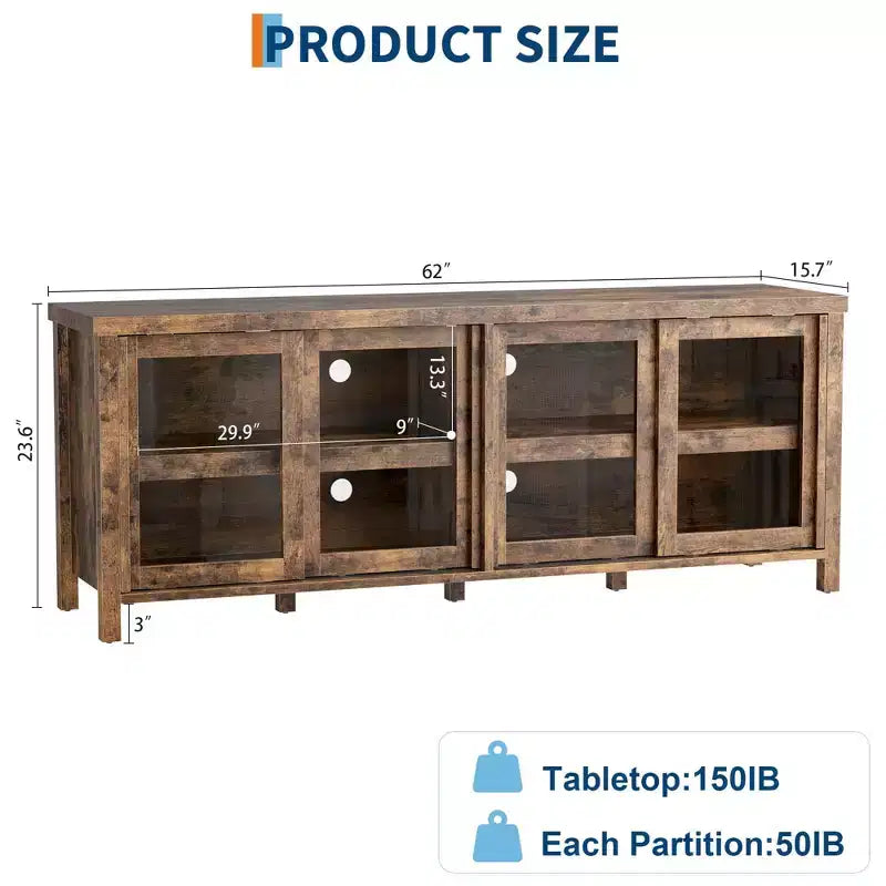 TV Stand for 65 Inch, Style Entertainment Center with Storage Cabinet and 4 Sliding Glass Doors, Modern TV Console Table for Living Room, Bedroom