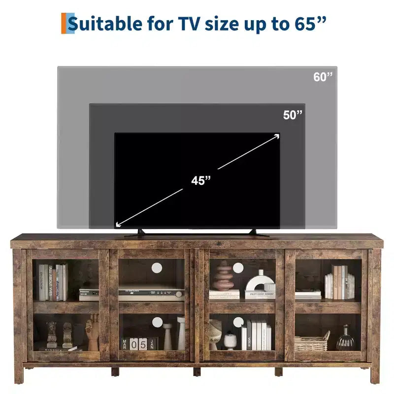 TV Stand for 65 Inch, Style Entertainment Center with Storage Cabinet and 4 Sliding Glass Doors, Modern TV Console Table for Living Room, Bedroom