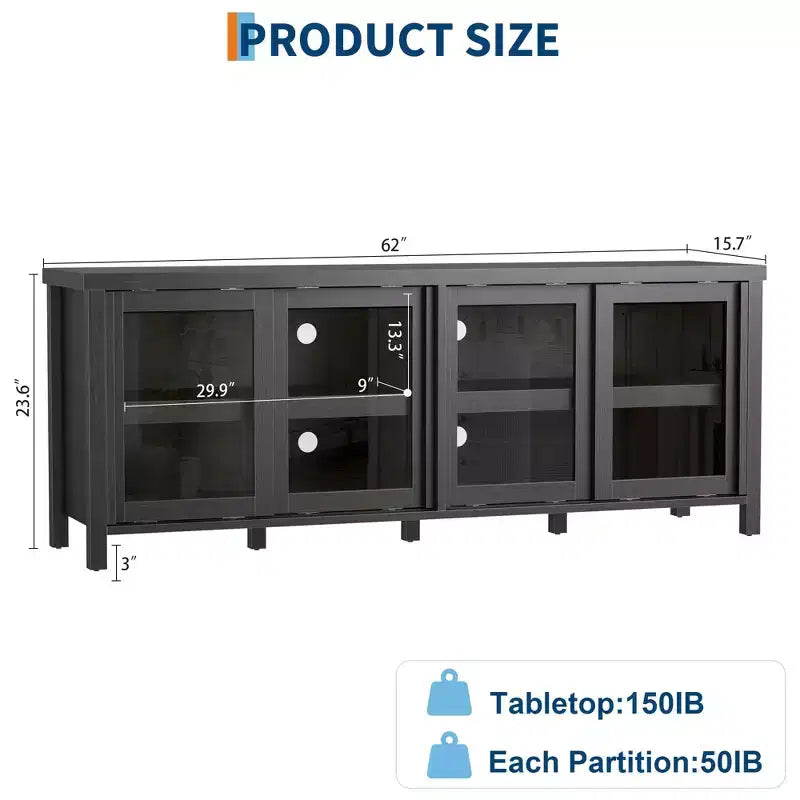 TV Stand for 65 Inch, Style Entertainment Center with Storage Cabinet and 4 Sliding Glass Doors, Modern TV Console Table for Living Room, Bedroom