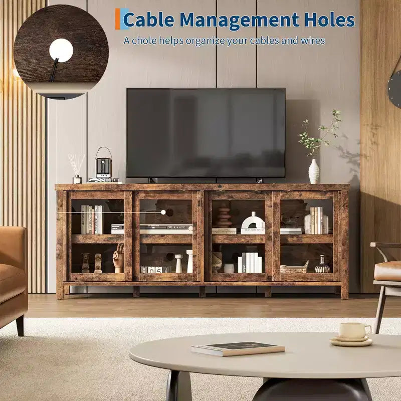 TV Stand for 65 Inch, Style Entertainment Center with Storage Cabinet and 4 Sliding Glass Doors, Modern TV Console Table for Living Room, Bedroom