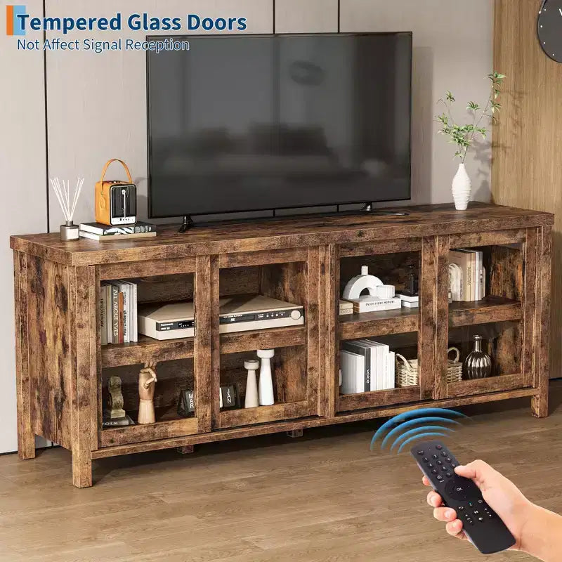 TV Stand for 65 Inch, Style Entertainment Center with Storage Cabinet and 4 Sliding Glass Doors, Modern TV Console Table for Living Room, Bedroom