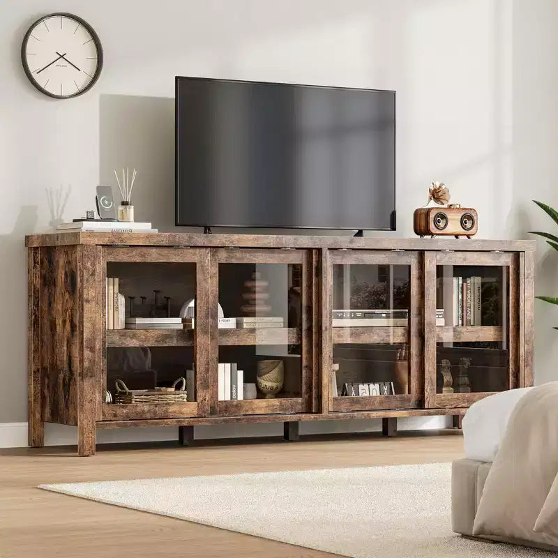 TV Stand for 65 Inch, Style Entertainment Center with Storage Cabinet and 4 Sliding Glass Doors, Modern TV Console Table for Living Room, Bedroom