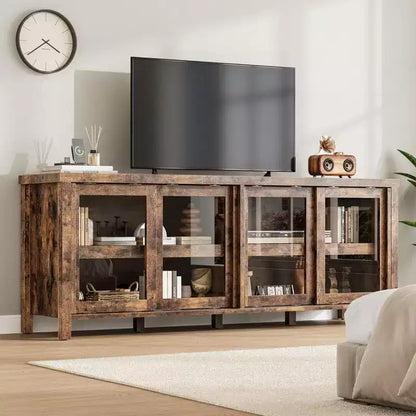 TV Stand for 65 Inch, Style Entertainment Center with Storage Cabinet and 4 Sliding Glass Doors, Modern TV Console Table for Living Room, Bedroom