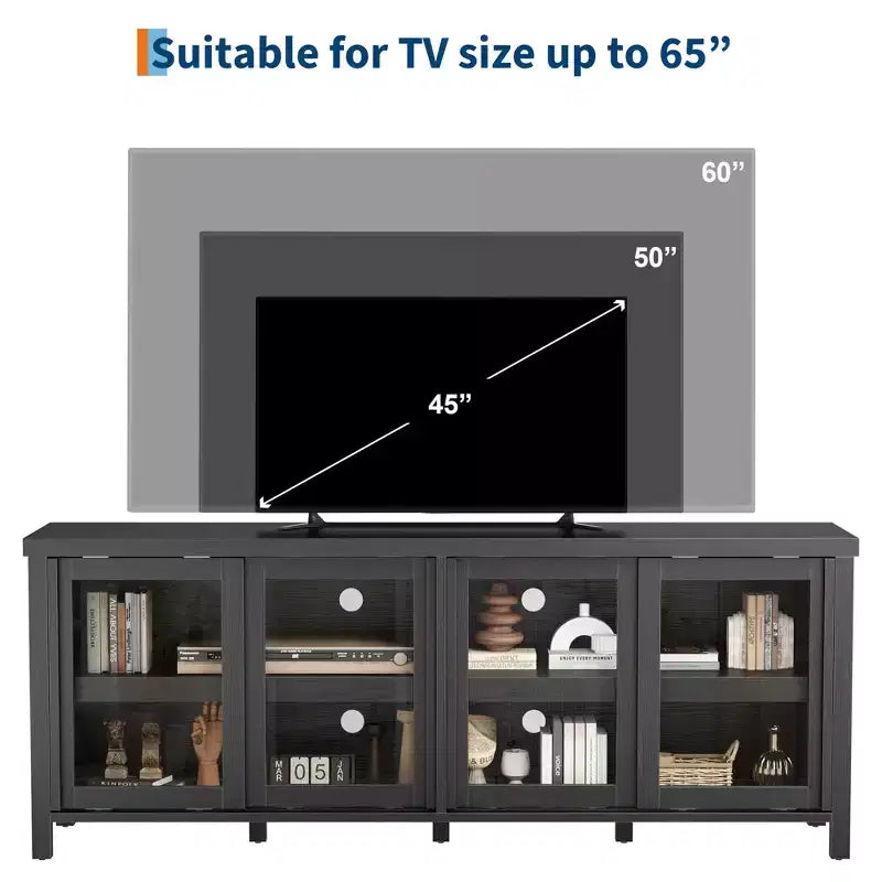 TV Stand for 65 Inch, Style Entertainment Center with Storage Cabinet and 4 Sliding Glass Doors, Modern TV Console Table for Living Room, Bedroom