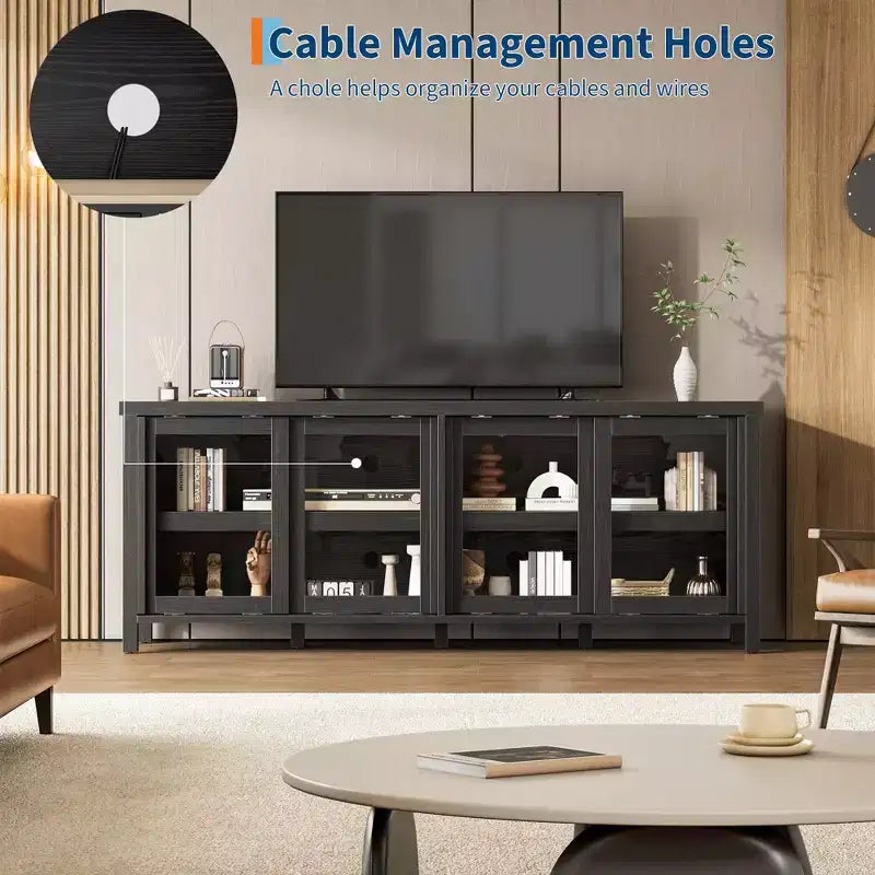TV Stand for 65 Inch, Style Entertainment Center with Storage Cabinet and 4 Sliding Glass Doors, Modern TV Console Table for Living Room, Bedroom