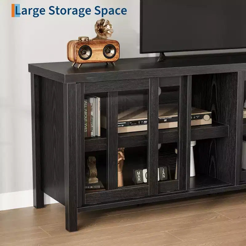 TV Stand for 65 Inch, Style Entertainment Center with Storage Cabinet and 4 Sliding Glass Doors, Modern TV Console Table for Living Room, Bedroom