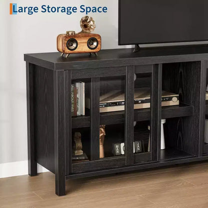 TV Stand for 65 Inch, Style Entertainment Center with Storage Cabinet and 4 Sliding Glass Doors, Modern TV Console Table for Living Room, Bedroom
