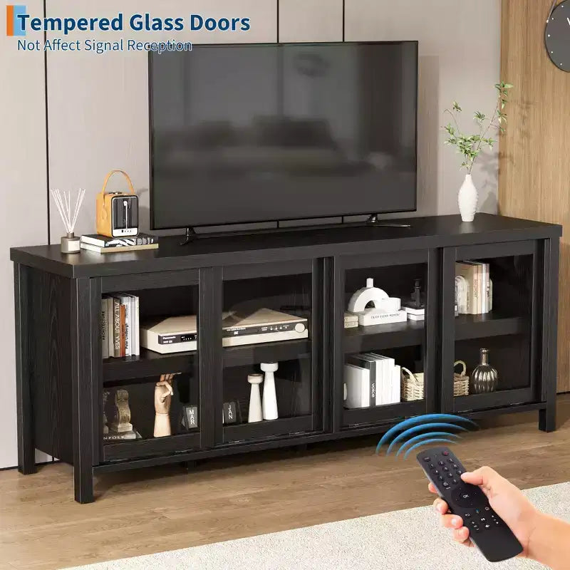 TV Stand for 65 Inch, Style Entertainment Center with Storage Cabinet and 4 Sliding Glass Doors, Modern TV Console Table for Living Room, Bedroom