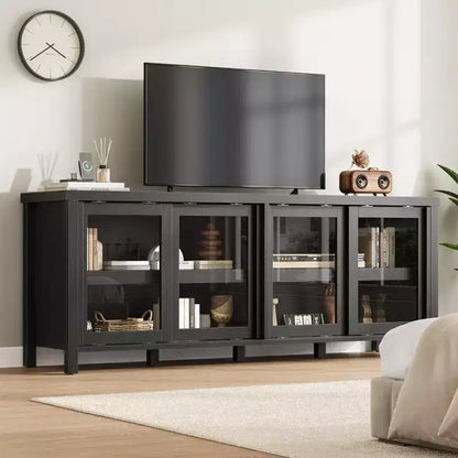 TV Stand for 65 Inch, Style Entertainment Center with Storage Cabinet and 4 Sliding Glass Doors, Modern TV Console Table for Living Room, Bedroom