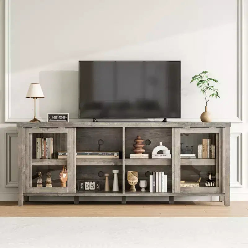TV Stand for 65 Inch, Style Entertainment Center with Storage Cabinet and 4 Sliding Glass Doors, Modern TV Console Table for Living Room, Bedroom