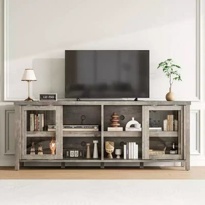 TV Stand for 65 Inch, Style Entertainment Center with Storage Cabinet and 4 Sliding Glass Doors, Modern TV Console Table for Living Room, Bedroom