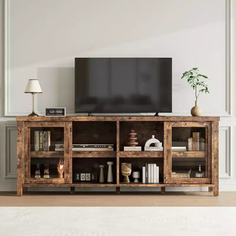 TV Stand for 65 Inch, Style Entertainment Center with Storage Cabinet and 4 Sliding Glass Doors, Modern TV Console Table for Living Room, Bedroom