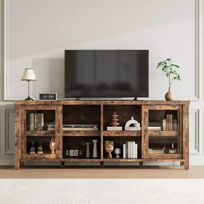 TV Stand for 65 Inch, Style Entertainment Center with Storage Cabinet and 4 Sliding Glass Doors, Modern TV Console Table for Living Room, Bedroom