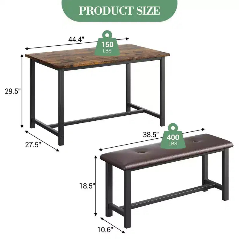 3 Piece Dining Table Set for 4, 44 Kitchen Table with 2 Benches, Wooden Rectangular Kitchen Table Set, Space Saving Breakfast Table, Black