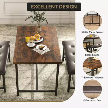 3 Piece Dining Table Set for 4, 44 Kitchen Table with 2 Benches, Wooden Rectangular Kitchen Table Set, Space Saving Breakfast Table, Black
