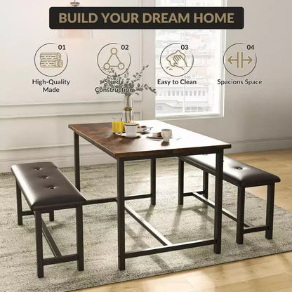 3 Piece Dining Table Set for 4, 44 Kitchen Table with 2 Benches, Wooden Rectangular Kitchen Table Set, Space Saving Breakfast Table, Black
