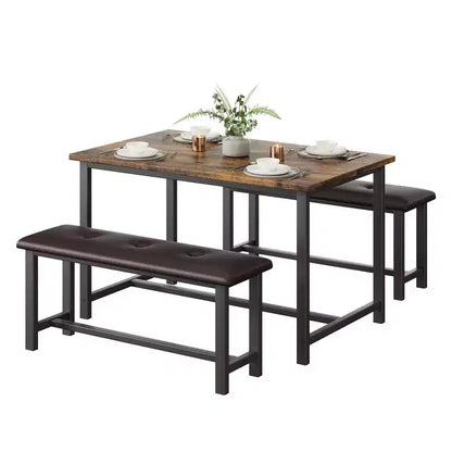3 Piece Dining Table Set for 4, 44 Kitchen Table with 2 Benches, Wooden Rectangular Kitchen Table Set, Space Saving Breakfast Table, Black