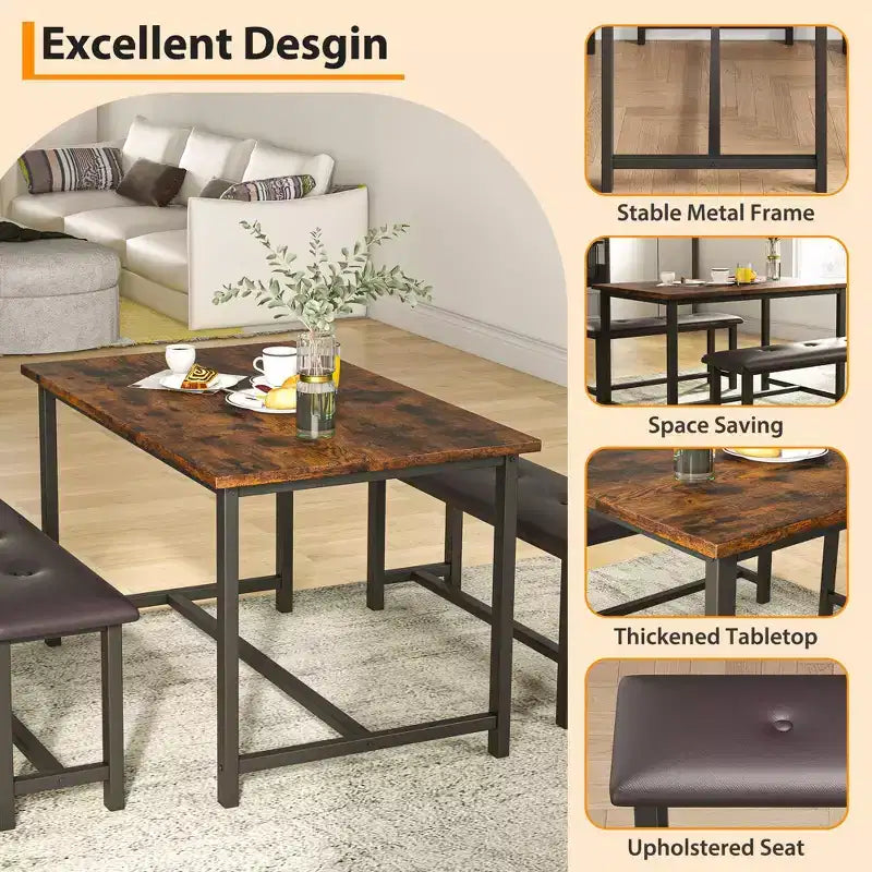 3 Piece Dining Table Set for 4, 44 Kitchen Table with 2 Benches, Wooden Rectangular Kitchen Table Set, Space Saving Breakfast Table, Black