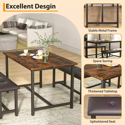 3 Piece Dining Table Set for 4, 44 Kitchen Table with 2 Benches, Wooden Rectangular Kitchen Table Set, Space Saving Breakfast Table, Black
