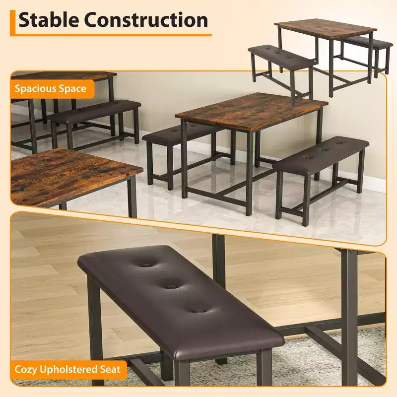 3 Piece Dining Table Set for 4, 44 Kitchen Table with 2 Benches, Wooden Rectangular Kitchen Table Set, Space Saving Breakfast Table, Black
