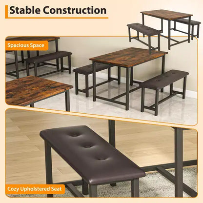 3 Piece Dining Table Set for 4, 44 Kitchen Table with 2 Benches, Wooden Rectangular Kitchen Table Set, Space Saving Breakfast Table, Black