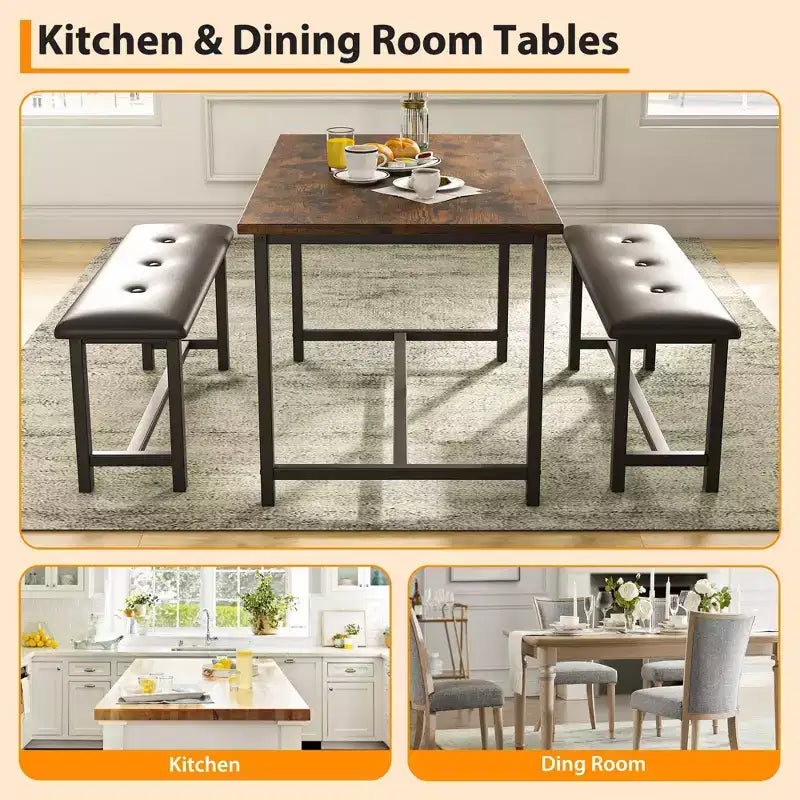 3 Piece Dining Table Set for 4, 44 Kitchen Table with 2 Benches, Wooden Rectangular Kitchen Table Set, Space Saving Breakfast Table, Black
