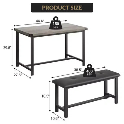 3 Piece Dining Table Set for 4, 44 Kitchen Table with 2 Benches, Wooden Rectangular Kitchen Table Set, Space Saving Breakfast Table, Black