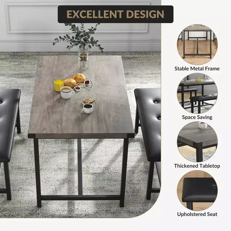 3 Piece Dining Table Set for 4, 44 Kitchen Table with 2 Benches, Wooden Rectangular Kitchen Table Set, Space Saving Breakfast Table, Black