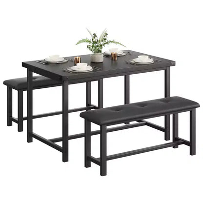 3 Piece Dining Table Set for 4, 44 Kitchen Table with 2 Benches, Wooden Rectangular Kitchen Table Set, Space Saving Breakfast Table, Black