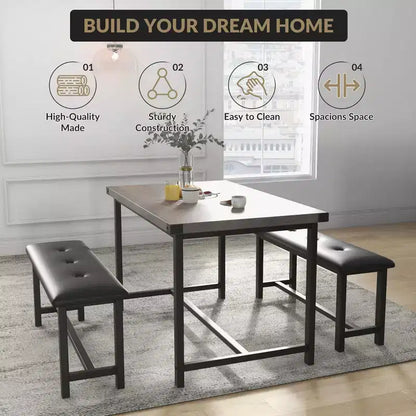3 Piece Dining Table Set for 4, 44 Kitchen Table with 2 Benches, Wooden Rectangular Kitchen Table Set, Space Saving Breakfast Table, Black