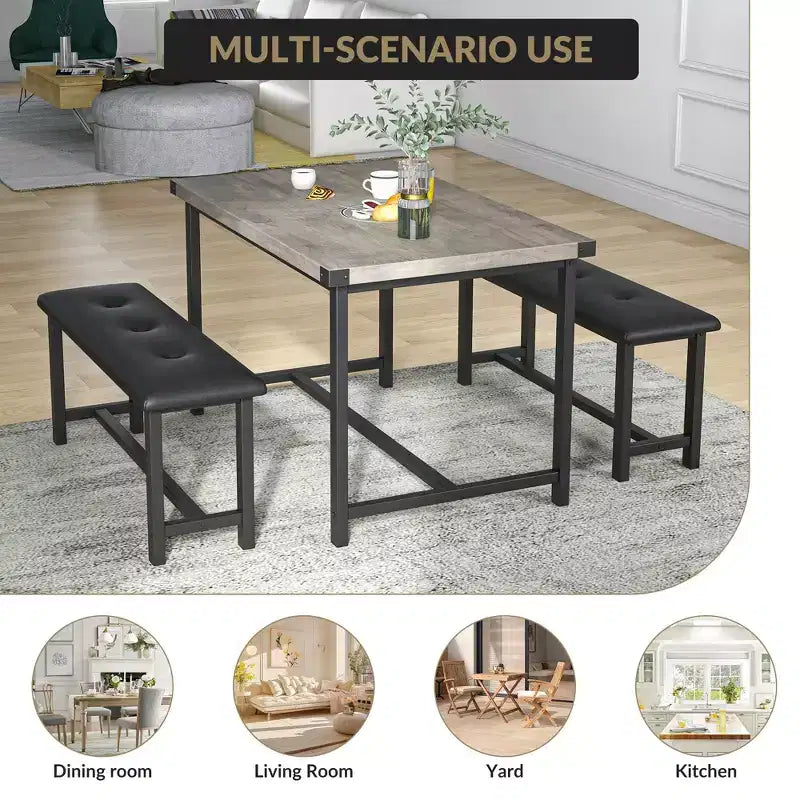 3 Piece Dining Table Set for 4, 44 Kitchen Table with 2 Benches, Wooden Rectangular Kitchen Table Set, Space Saving Breakfast Table, Black