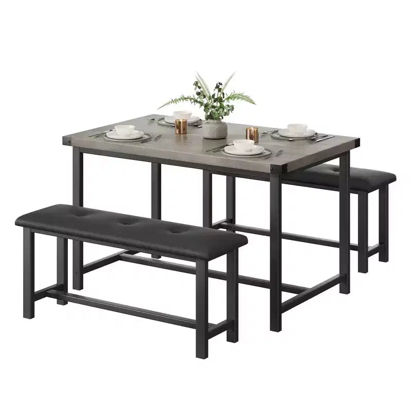 3 Piece Dining Table Set for 4, 44 Kitchen Table with 2 Benches, Wooden Rectangular Kitchen Table Set, Space Saving Breakfast Table, Black