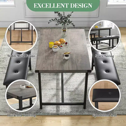3 Piece Dining Table Set for 4, 44 Kitchen Table with 2 Benches, Wooden Rectangular Kitchen Table Set, Space Saving Breakfast Table, Black