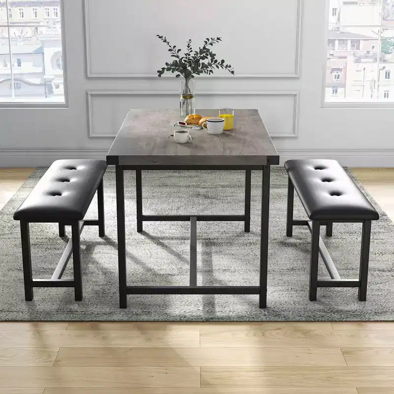 3 Piece Dining Table Set for 4, 44 Kitchen Table with 2 Benches, Wooden Rectangular Kitchen Table Set, Space Saving Breakfast Table, Black
